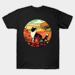 Cat Looking Sunset In The Meadow Filled Flower - Funny Cats T-Shirt